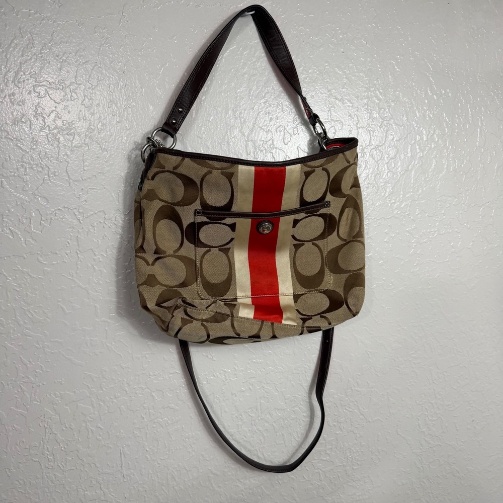 Coach Signature Canvas Heritage Stripe Crossbody Bag Brown Red Hobo 18917